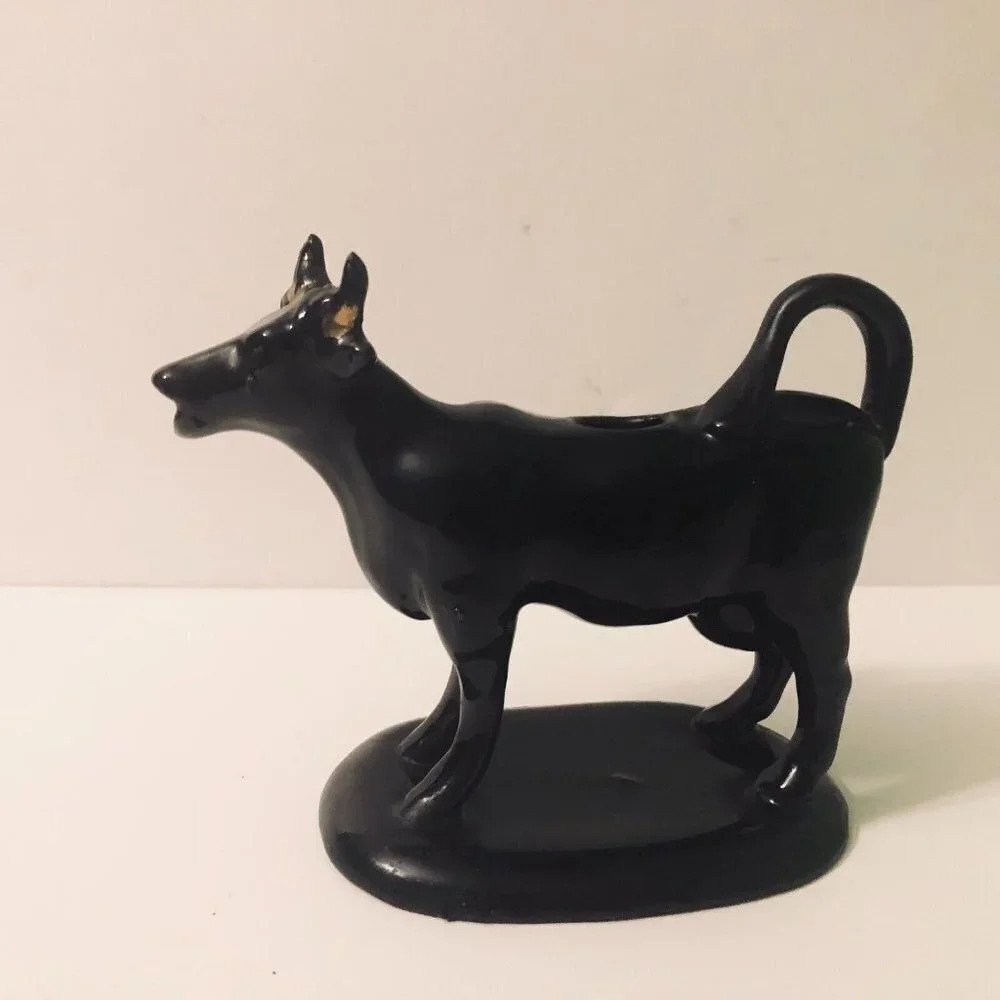 Vintage Black Cow Creamer Pottery 6 Inch Long Figurine Chipped Base